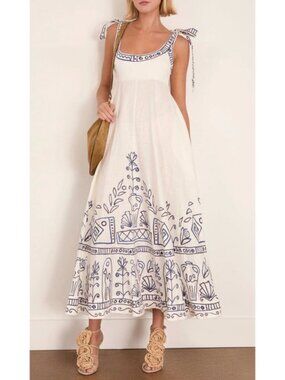farm rio sleeveless embroidered patchwork midi dress Palermo Red Sleeveless Dress